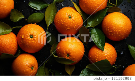 Fresh ripe oranges with water drops background. Fruits backdrop. Generative AI 121192998