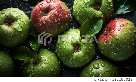 Fresh ripe guavas with water drops background. Fruits backdrop. Generative AI Fresh ripe guavas with water drops background. Fruits backdrop. Generative AI 121193028