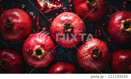 Fresh ripe pomegranades with water drops background. Fruits backdrop. Generative AI 121193030
