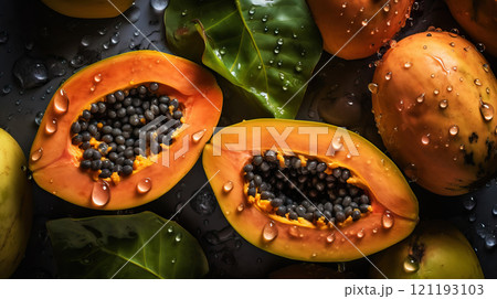 Fresh ripe papayas with water drops background. Fruits backdrop. Generative AI 121193103