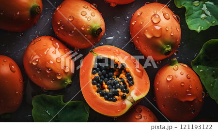 Fresh ripe papayas with water drops background. Fruits backdrop. Generative AI 121193122