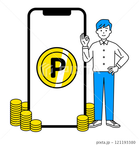 スマートフォンでポイントがたくさん溜まっているカジュアルな男性 スマートフォンでポイントがたくさん溜まっているカジュアルな男性 121193380