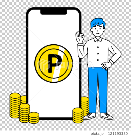 スマートフォンでポイントがたくさん溜まっているカジュアルな男性 スマートフォンでポイントがたくさん溜まっているカジュアルな男性 121193380