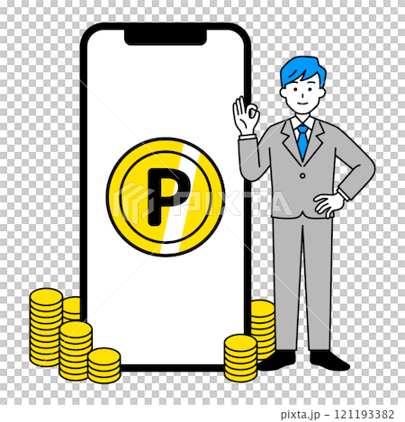 A man in a suit with lots of points saved up on his smartphone A man in a suit with lots of points saved up on his smartphone 121193382