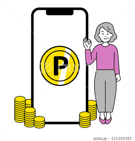 スマートフォンでポイントがたくさん溜まっている年配の女性 121193383