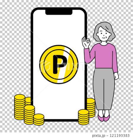 An elderly woman with lots of points accumulated on her smartphone 121193383