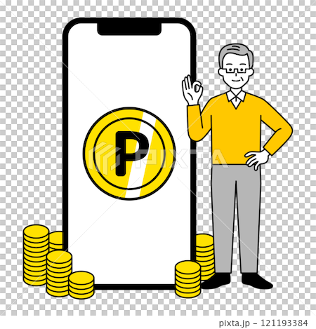 An elderly man with lots of points accumulated on his smartphone An elderly man with lots of points accumulated on his smartphone 121193384