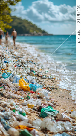 People on the seaside among plastic bottles, polyethylene bags and other rubbish. Garbage along the seashore. Concept of environmental conservation. 121193459