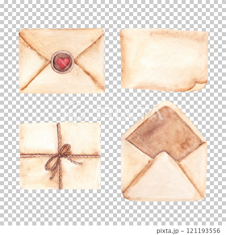 Set of Old Envelopes, Paper and Letters in Vintage style. Watercolor hand drawn Retro illustrations in beige tones isolated on a white background. Design elements for Valentines day or Wedding designs 121193556