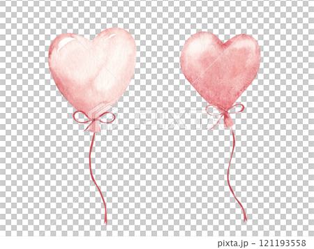 Set of Heart shaped pink air Balloons. Hand drawn Watercolor festive illustration. Decorative elements for Valentines Day or Wedding designs. For card, invitations and prints. Set of Heart shaped pink air Balloons. Hand drawn Watercolor festive illustration. Decorative elements for Valentines Day or Wedding designs. For card, invitations and prints. 121193558
