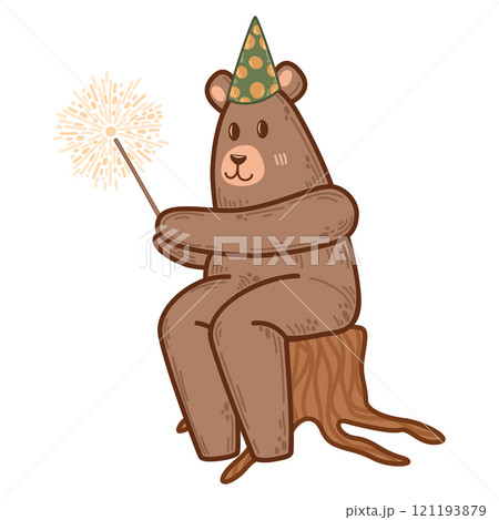 Vector bear in a polka-dot party hat holding a glowing sparkler. Rustic, playful illustration perfect for festive event decor or cards. For birthday materials, woodland-themed graphics, or invitations 121193879