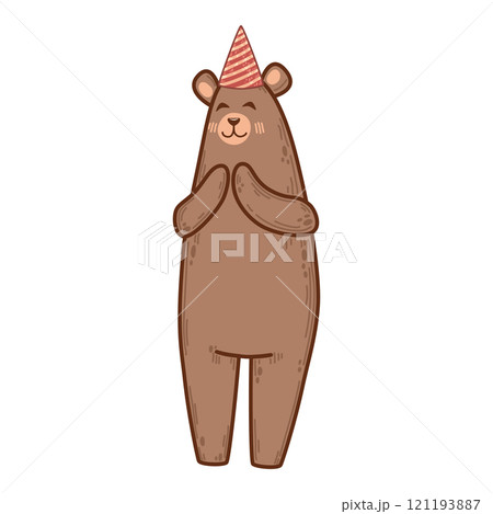 Happy bear wearing a festive hat, celebrating in a cheerful stance. Rustic, nature-inspired style suited for eco-friendly party visuals. For creating birthday-themed materials, posters, designs Happy bear wearing a festive hat, celebrating in a cheerful stance. Rustic, nature-inspired style suited for eco-friendly party visuals. For creating birthday-themed materials, posters, designs 121193887