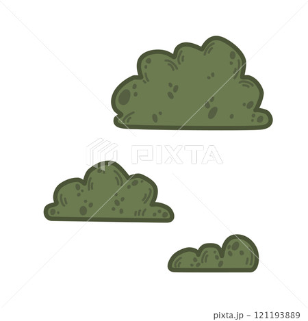 Green bushes set in varying sizes, vector illustration in a rustic hand-drawn style. For forest-themed designs, outdoor decor, or natural landscapes, event backdrops, or eco-friendly graphics 121193889