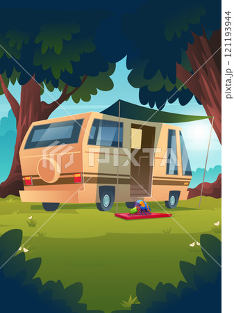 Forest camp van for summer picnic adventure vector 121193944