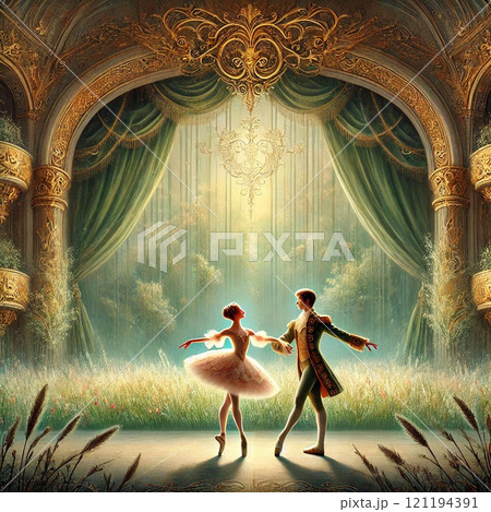 パ・ド・ドゥを踊るふたりのパフォーマンスと、ラグジュアリーな劇場　AIアート画 121194391