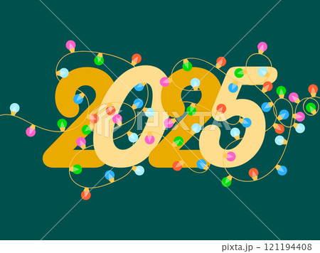 2025 Happy New Year. Garland of multi-colored light bulbs wrapping around the numbers 2025 in red and green colors. Christmas lighted garland. Design for posters and banners. Vector illustration 121194408