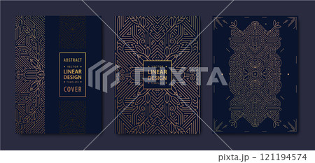 Vector set of art deco line frames, gold gatsby design, package, cards. Geometric vintage floral graphic, artdeco texture ornament. 121194574