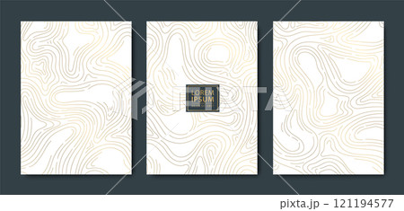 Vector set of abstract gold line wood texture, topography contour, organic nature texture covers, labels, invitations, posters. Wave art. 121194577
