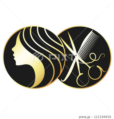 Girl, scissors and cutting board. Symbol of beauty salon. Girl, scissors and cutting board. Symbol of beauty salon. 121194910