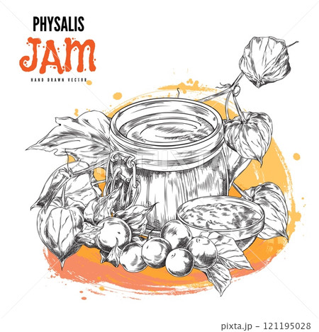Physalis berry jam in a glass jar. 121195028