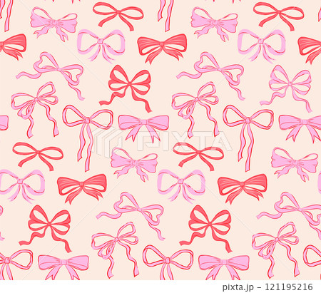 Seamless pattern of hand drawn bows, ribbons. Art, design pattern, background, print 121195216
