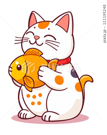 Cute kawaii maneki neko cat holding gold fish. Vector isolated illustration 121195248