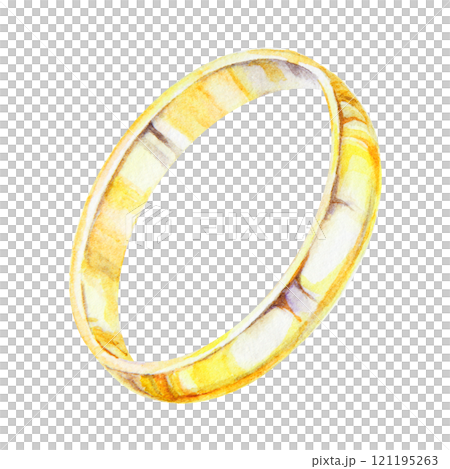 Watercolor illustration of golden wedding ring. Hand drawn isolated clipart for jewelry store promotional products, invitations, romantic projects, bride and groom attribute, Valentine's day gift 121195263