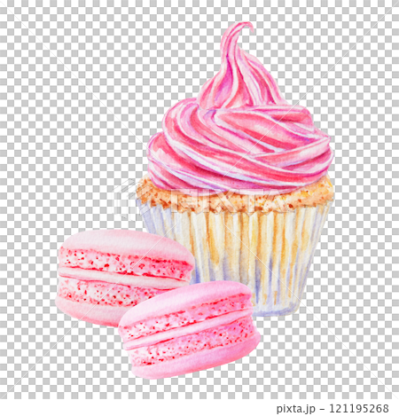 Watercolor illustration of a cupcake with vibrant pink swirled frosting and macarons. Isolated clipart is perfect for bakery branding, dessert menu, food-related design, greeting cards, party projects 121195268