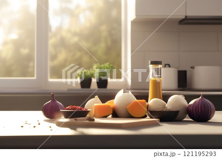 Fresh Winter Vegetables Including Parsnips and Onions Ready for Meal Prep in Modern Kitchen 121195293