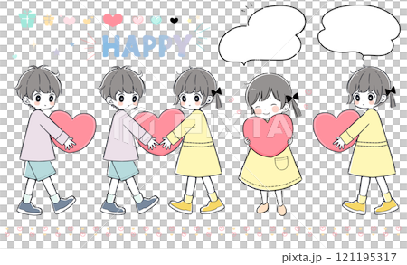 Illustration set of a girl and a boy holding a big heart Illustration set of a girl and a boy holding a big heart 121195317