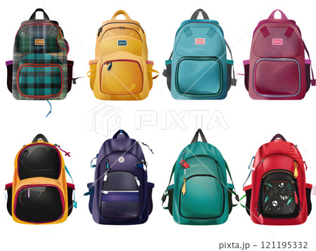 Eight Colorful Backpacks Back To School Supplies Isolated On Transparent Background 121195332