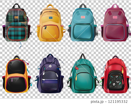 Eight Colorful Backpacks Back To School Supplies Isolated On Transparent Background 121195332