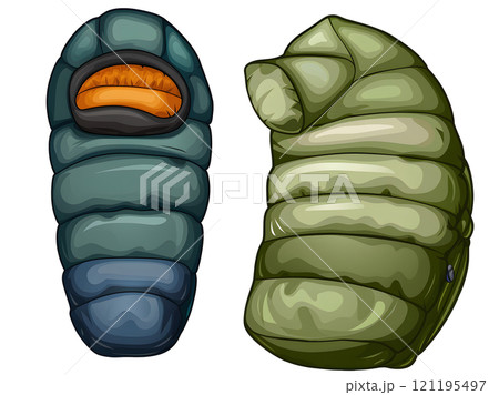 Two Camping Sleeping Bags in Blue and Green Isolated on Transparent Background 121195497