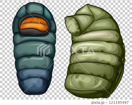 Two Camping Sleeping Bags in Blue and Green Isolated on Transparent Background 121195497