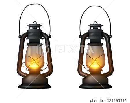 Two Identical Lit Lanterns for Camping Gear Isolated on Transparent Background Two Identical Lit Lanterns for Camping Gear Isolated on Transparent Background 121195513