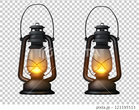 Two Identical Lit Lanterns for Camping Gear Isolated on Transparent Background Two Identical Lit Lanterns for Camping Gear Isolated on Transparent Background 121195513