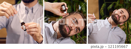 Young ill man administering ear drops, tilting head, applying liquid for ear discomfort treatment. Symptom and treatment. 121195667