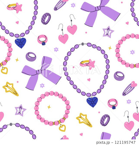 Seamless pattern with cute girly plastic jewelry. Vector graphics Seamless pattern with cute girly plastic jewelry. Vector graphics 121195747