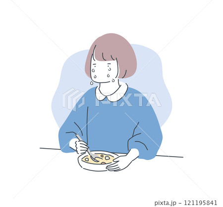 辛いことがあって食事中に泣き出す女性のイラスト素材 辛いことがあって食事中に泣き出す女性のイラスト素材 121195841