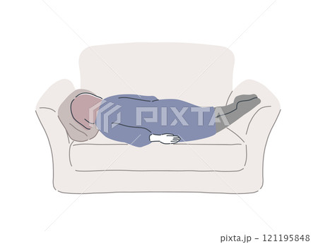 疲れてソファーでうつ伏せになって寝込む女性のイラスト素材 疲れてソファーでうつ伏せになって寝込む女性のイラスト素材 121195848
