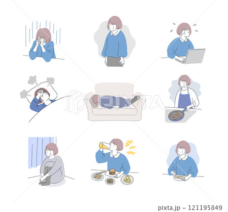 体調不良の女性のネガティブなイラストセット 121195849