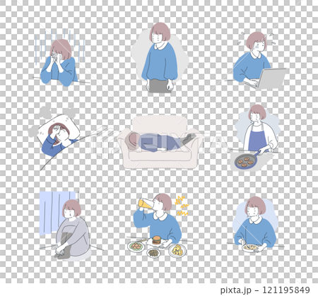 体調不良の女性のネガティブなイラストセット 121195849
