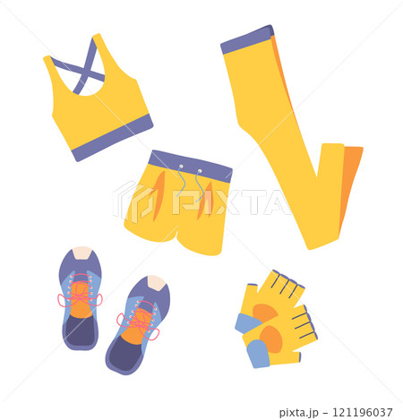Women's fitness clothes and shoes vector set. Fitness clothing and accessories illustration. Sports bra, shorts, leggings, sneakers, half-finger gloves for gym, workout, home training, yoga, pilates 121196037