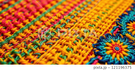 Multicolored crochet pattern, close-up, wide background Multicolored crochet pattern, close-up, wide background 121196375