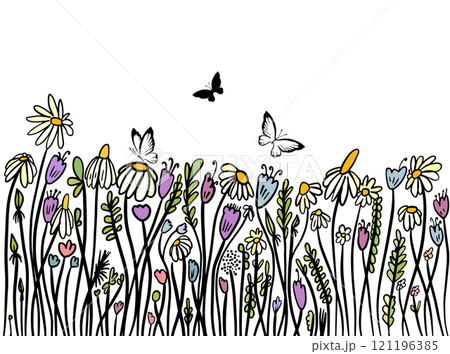 Wild flowers with butterflies. hand drawing. Not AI, Vector illustration Wild flowers with butterflies. hand drawing. Not AI, Vector illustration 121196385