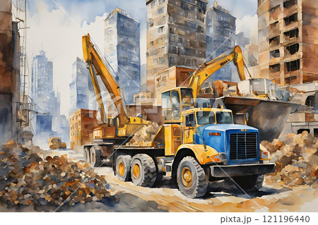 水彩画風　工事自動車 121196440