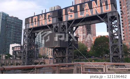 New York City Gantry Plaza old dock pier, Long Island sign, Hunters Point, Queens, United States. 121196462