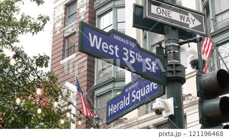 New York City crossroad, street intersection road sign. Manhattan Broadway, Herald Square, Midtown. New York City crossroad, street intersection road sign. Manhattan Broadway, Herald Square, Midtown. 121196468