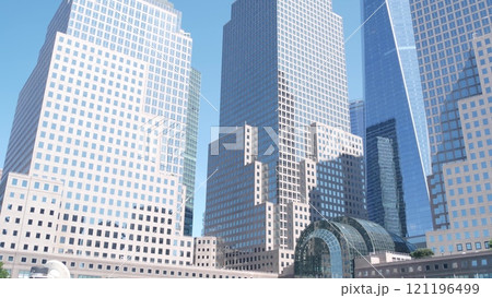 New York City Manhattan Downtown Financial District street. World Trade Center, Battery park, USA. 121196499