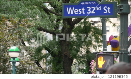 New York City crossroad, street intersection road sign. Manhattan Broadway, Herald Square, Midtown. New York City crossroad, street intersection road sign. Manhattan Broadway, Herald Square, Midtown. 121196546